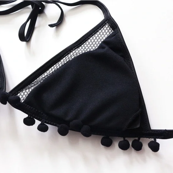 SOLD OUT Black Pompom Mesh High Waist Halter Bikini - Picture 4 of 6